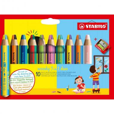 Stabilo Woody 3 en 1 Duo Pack de 10 Lapices de Colores + Sacapuntas - Mina 2 Colores XXL 10mm - Lapiz de Color, Cera  Acuarela, 