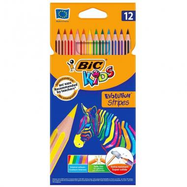 Bic Kids Evolution Stripes Caja de 12 Lapices de Colores Surtidos - Fabricados en Resina - Punta Ultraresistente - Mina Pigmenta