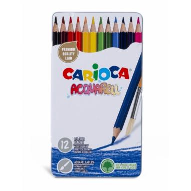 Carioca Acquarell Pack de 12 Lapices Acuarelables - Caja de Metal - Efecto Acuarela con Agua y Pincel - Colores Intensos y Brill