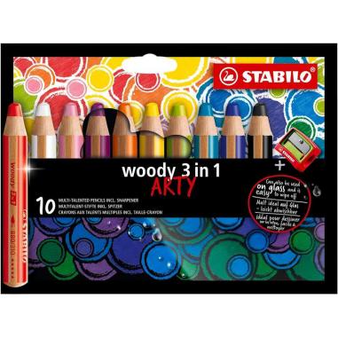 Stabilo Woody 3 en 1 Arty Pack de 10 Lapices de Colores + Sacapuntas - Lapiz de Color, Cera y Acuarela, Todo en Uno - Mina XXL 1