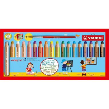 Stabilo Woody 3 en 1 Pack de 18 Lapices de Colores + Sacapuntas + Pincel Nº 8 - Lapiz de Color, Cera y Acuarela, Todo en Uno - M