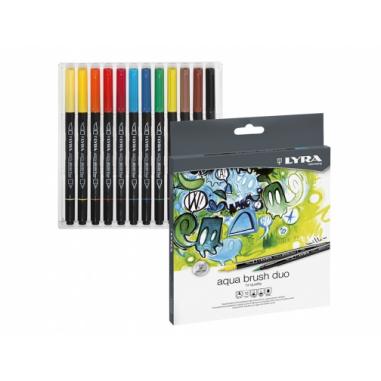 Lyra Aqua Brush Duo Pack 12 Rotuladores de Doble Punta - Punta Pincel 4mm, Punta Fina 2mm - Tinta Base de Agua - Colores Surtido