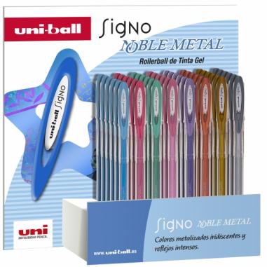 Uni-ball Signo Noble Metal Expositor de 48 Boligrafos de Tinta Gel - Punta de Bola 0.8mm - Tinta Resistente al Agua y Luz - Escr