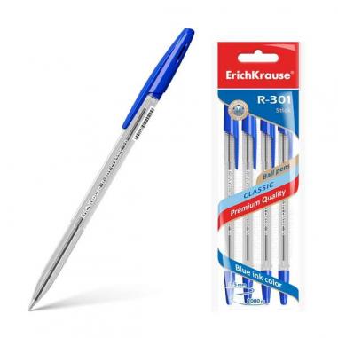 Erichkrause Pack de 4 Boligrafos R-301 Classic Stick 1.0 - Cuerpo Transparente Hexagonal - Punta de 1.0mm - Tinta de Secado Rapi