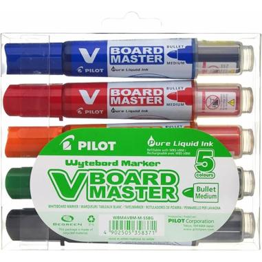 Pilot V-Board Master Begreen Pack de 5 Rotuladores para Pizarra Blanca - Punta Redonda 6mm - Trazo 2.3mm - 91% Plastico Reciclad