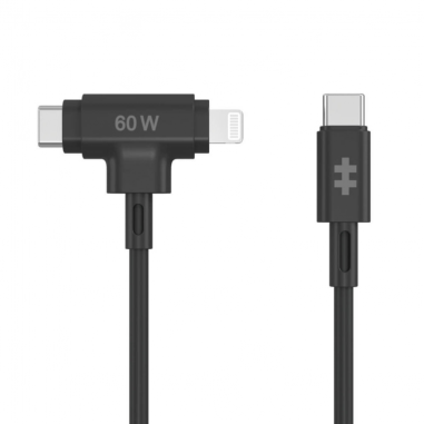 HYPER SILICONE USB-C TO USB-C AND LIGHTNING HYBRID 60W CABLE - BLACK