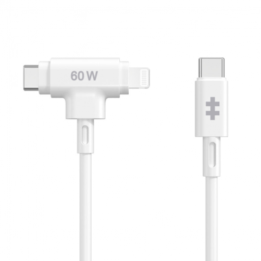 HYPER SILICONE USB-C TO USB-C AND LIGHTNING HYBRID 60W CABLE - WHITE