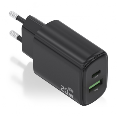 CARGADOR AISENS GAN 20W, 1XUSB-C PD3.0, 1XUSB-A QC3.0, NEGRO