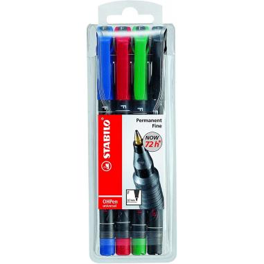 Stabilo OHPen Pack de 4 Rotuladores Permanentes - Punta Fina - Trazo de 0.7mm - Agarre Antideslizante - Tapon Ventilado - Colore