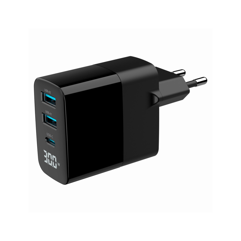 CARGADOR RAPIDO USB GEMBIRD GAN DE 3 PUERTOS Y 30 W, LCD, NEGRO