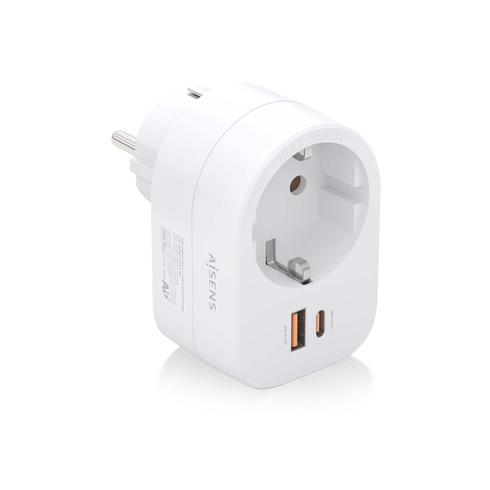 REGLETA PARED AISENS 1 TOMA USB-C 20W PD3.0 USB-A 20W QC3.0 BLANCO
