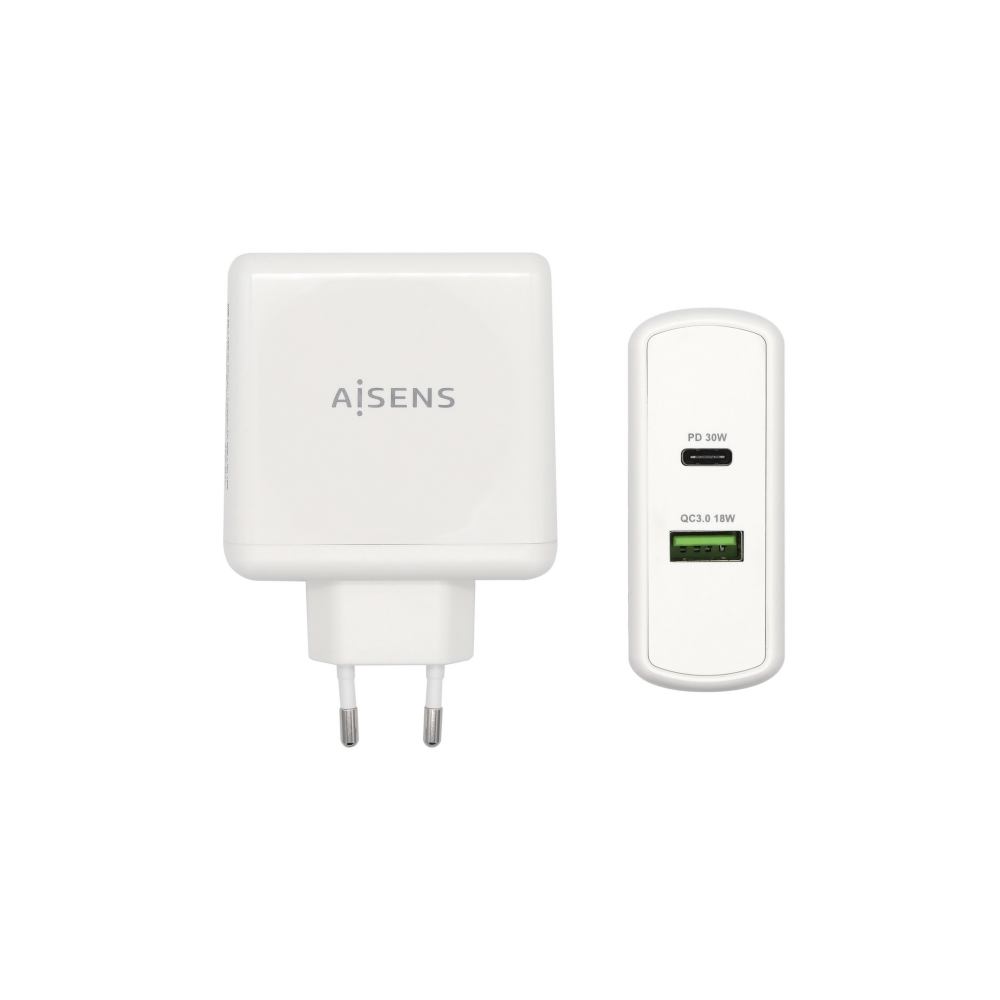 CARGADOR 48W AISENS 1xUSB-C PD3.0 30W 1xUSB-A QC3.0 18W BLANCO