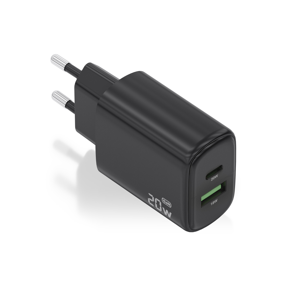 CARGADOR AISENS GAN 20W, 1XUSB-C PD3.0, 1XUSB-A QC3.0, NEGRO