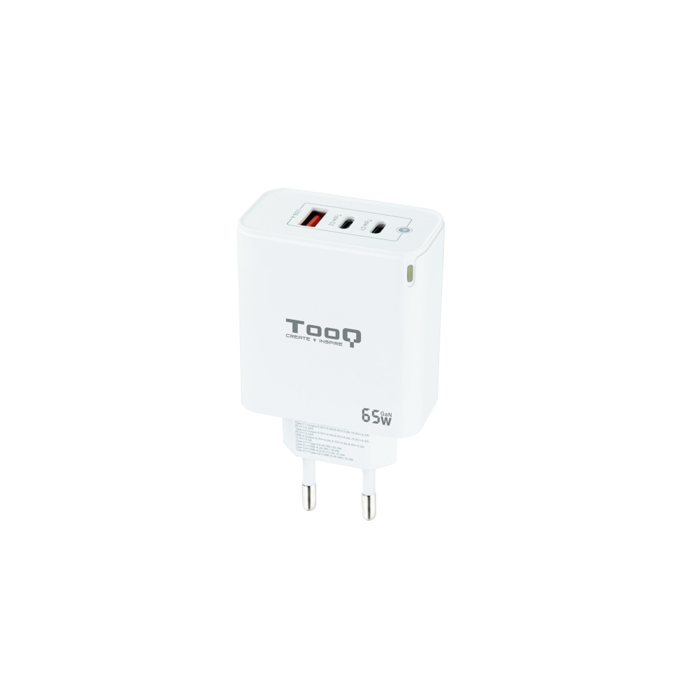 CARGADOR DE PARED TOOQ GAN 2USB-C PD USB-A QC 65W