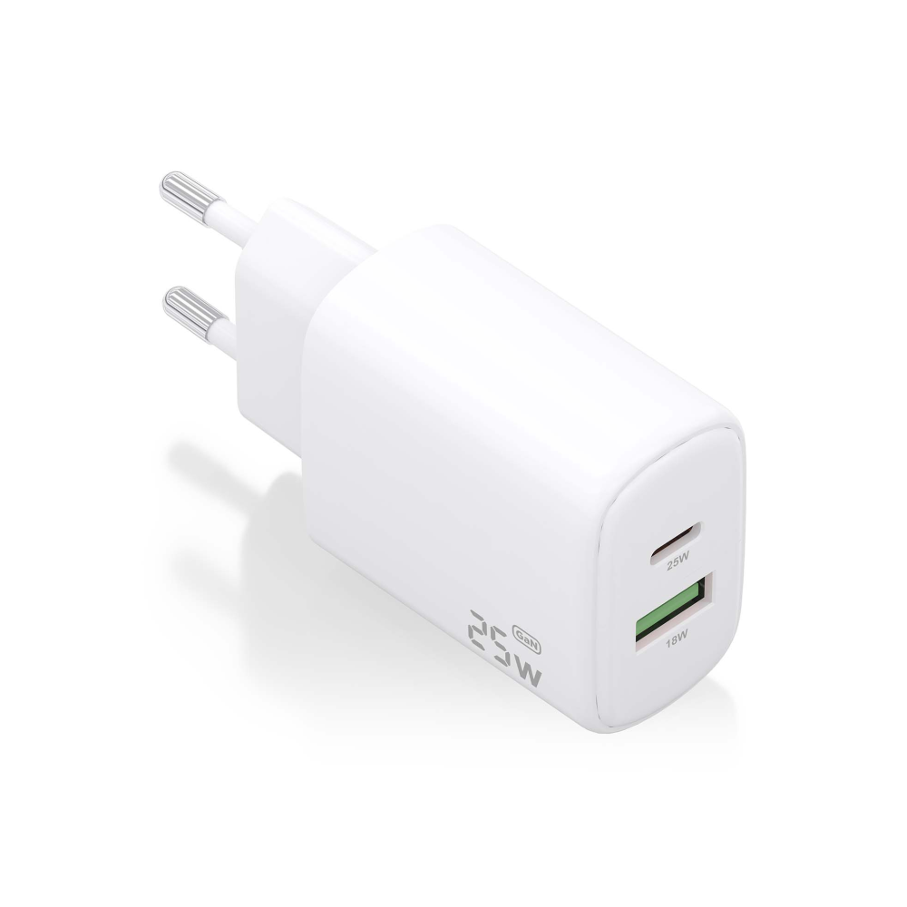 CARGADOR AISENS GAN 25W, 1XUSB-C PD3.0, 1XUSB-A QC3.0, BLANCO
