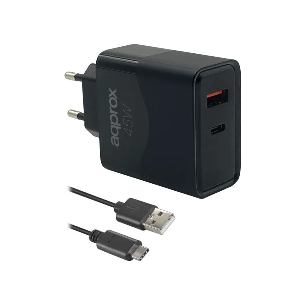 Approx cargador 45w qc 1 x usb a+ 1 x usb c+cable
