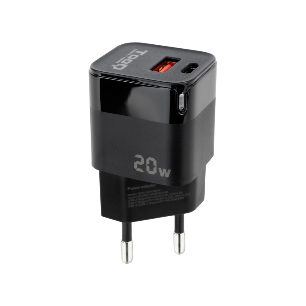 CARGADOR DE PARED TOOQ USB-C/PD + USB-A/QC 20W NEGRO