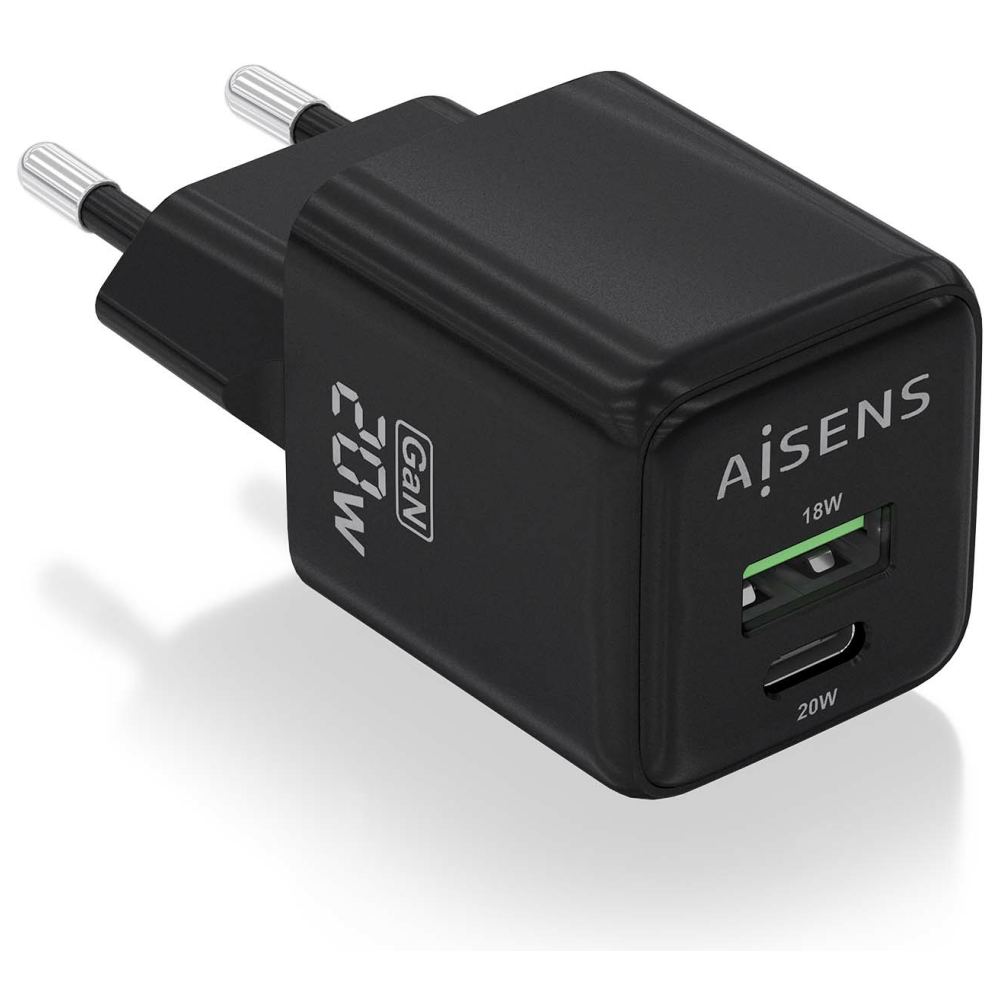 CARGADOR GAN AISENS 20W 1XUSB-C PD3.0 QC4.0 1XUSB-A QC3.0 NEGRO