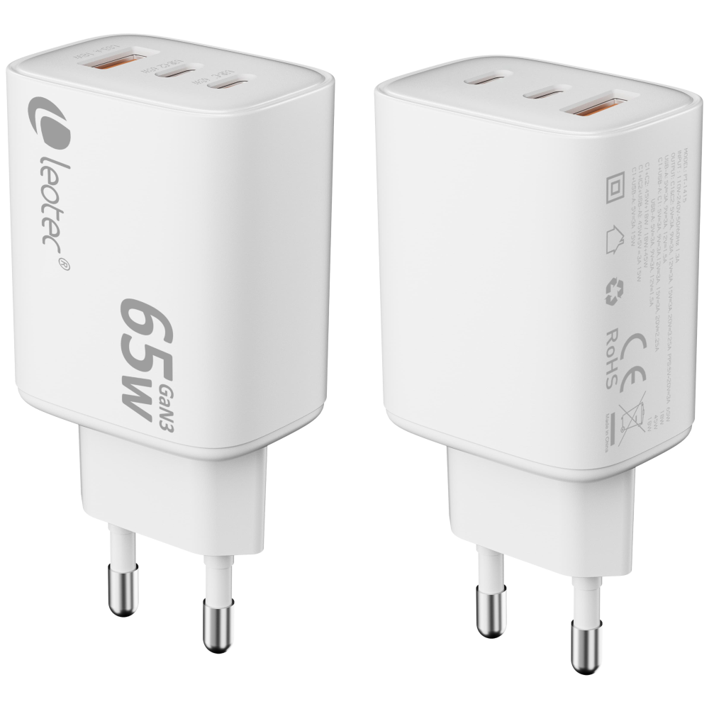 Leotec CARGADOR UNIVERSAL 65W GAN ULTRA SLIM 2 USB C PD+1 USB A BLANCO