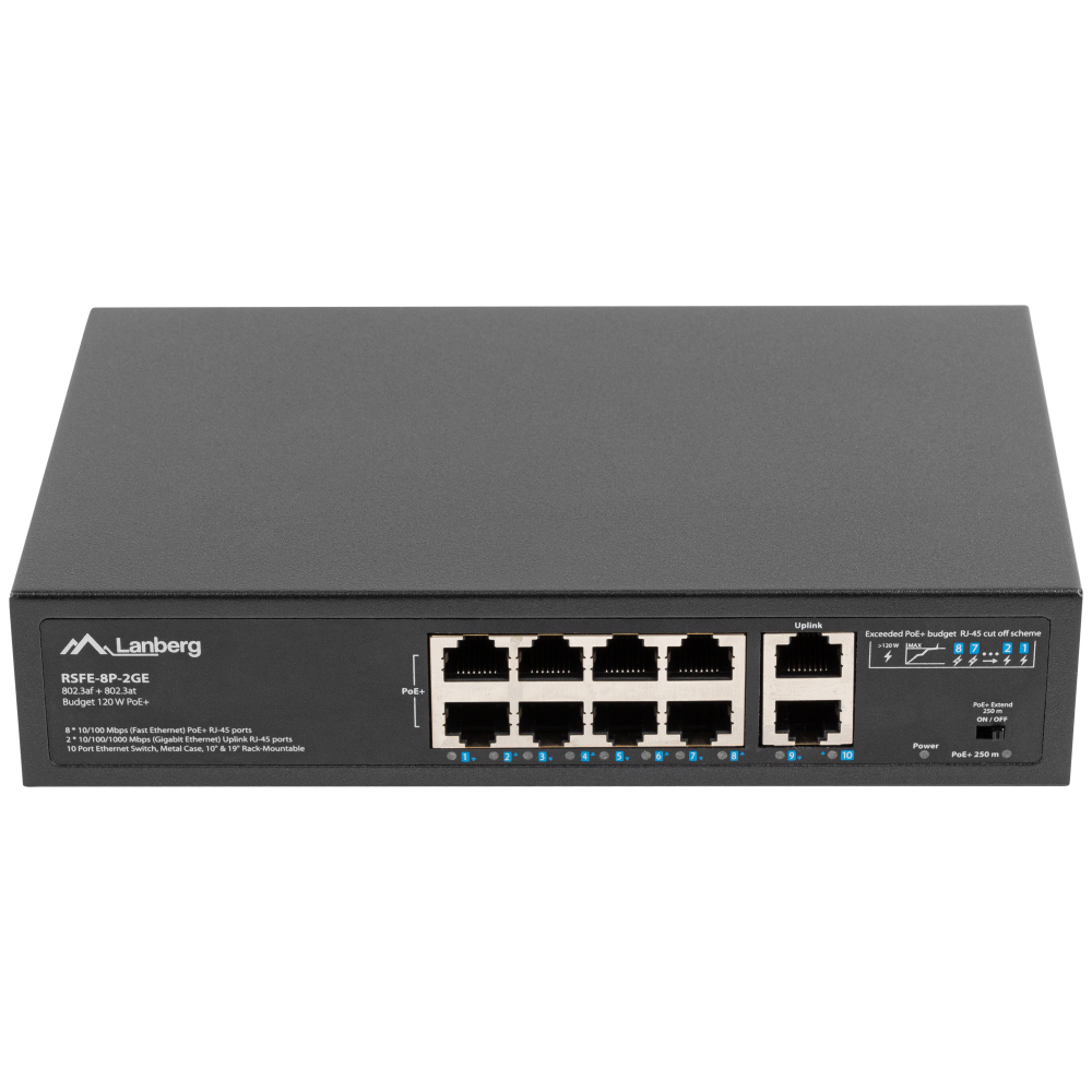 SWITCH LANBERG 10 PTOS 100MB 8xPOE+/2x GBIT ETHER 120W RACK 10"/19"