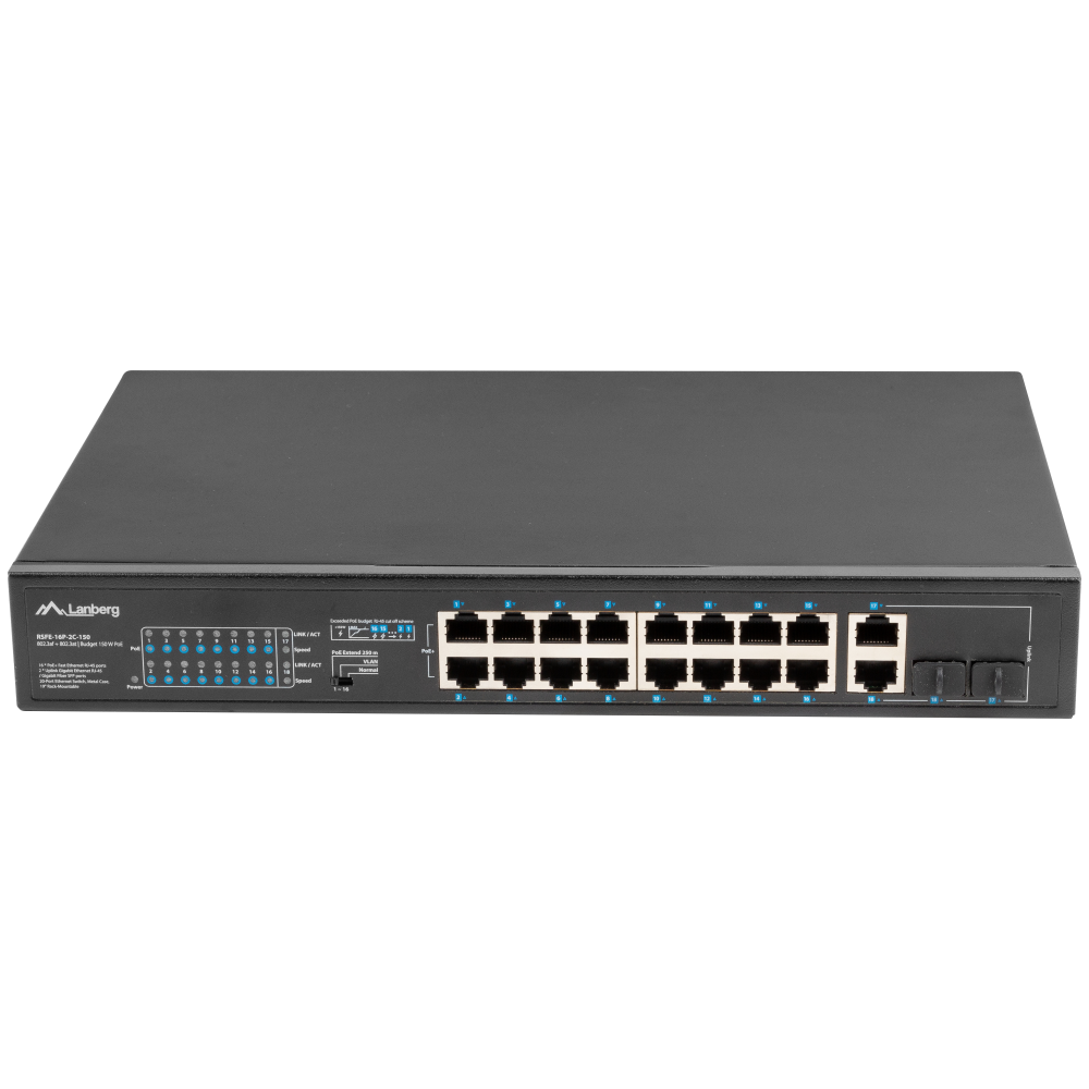 SWITCH LANBERG 18 PTOS 100MB 16xPOE+/2x GBIT ETHER 150W RACK 10"/19"