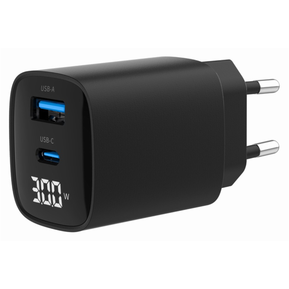 CARGADOR RAPIDO USB GEMBIRD DE 2 PUERTOS Y 30 W, LCD, NEGRO