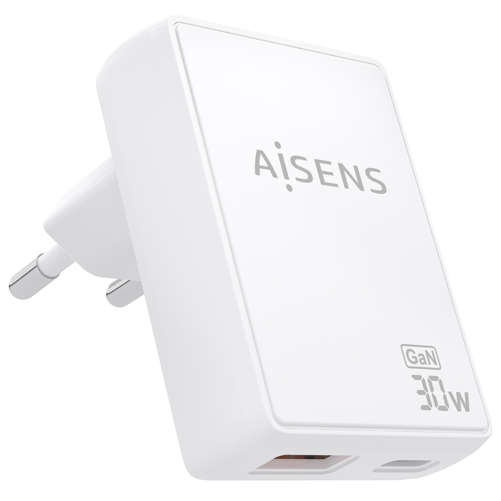CARGADOR AISENS GAN PARED 30W USB-C PD3.0 QC4.0 USB-A QC3.0 BLANCO