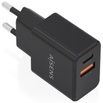 CARGADOR AISENS GaN 20W 1xUSB-C PD3.0 1xUSB-A QC3.0 NEGRO