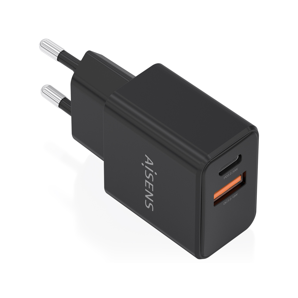 CARGADOR AISENS GaN 20W 1xUSB-C PD3.0 1xUSB-A QC3.0 NEGRO