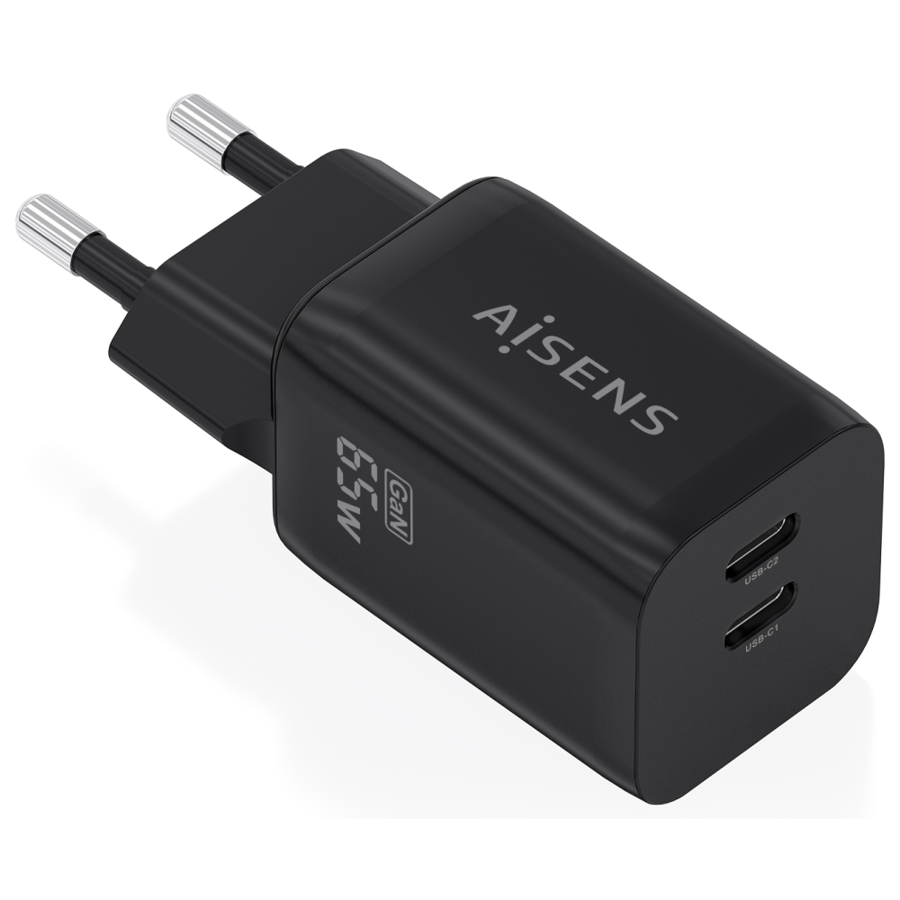 CARGADOR AISENS GaN 65W 2xUSB-C PD3.0 QC4.0 NEGRO