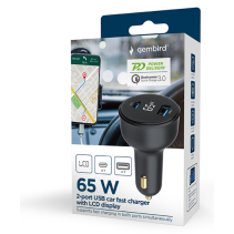 CARGADOR RAPIDO PARA COCHE GEMBIRD USB DE 2 PUERTOS, TIPO C PD, LCD, 65 W,NEGRO