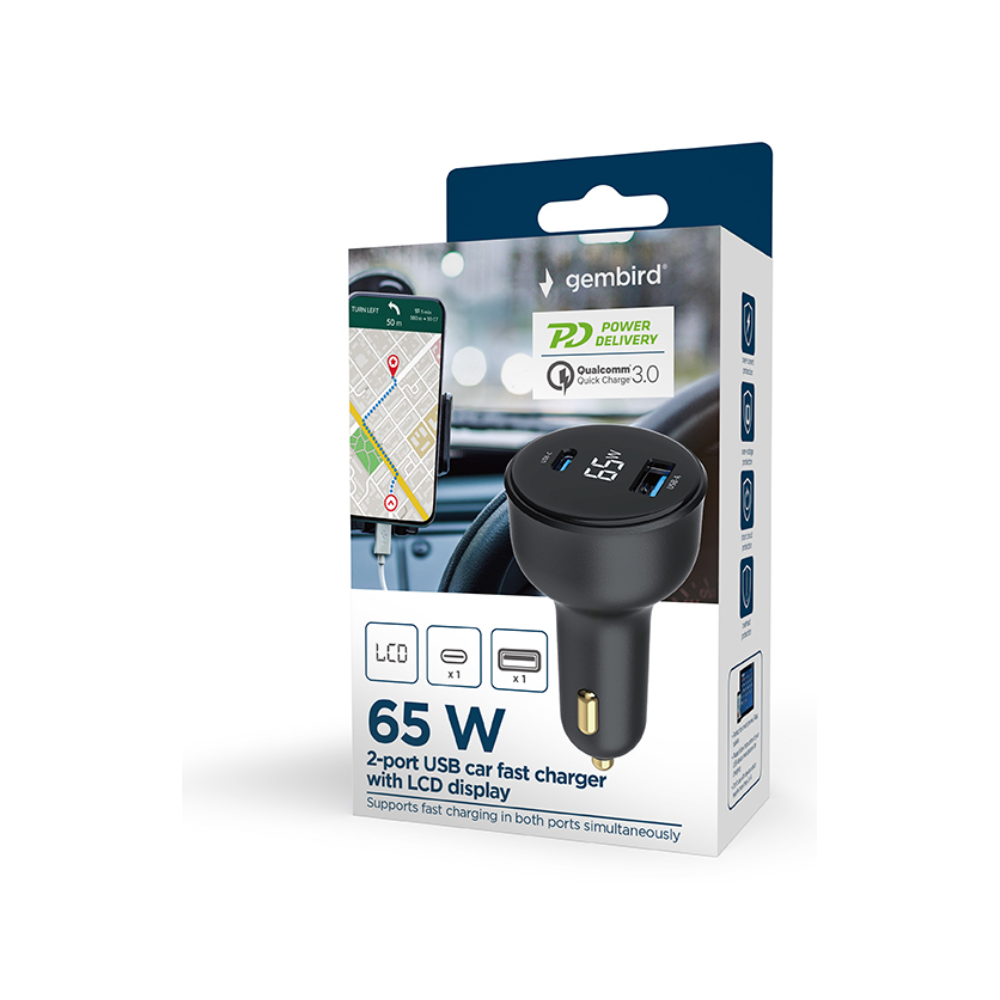 CARGADOR RAPIDO PARA COCHE GEMBIRD USB DE 2 PUERTOS, TIPO C PD, LCD, 65 W,NEGRO