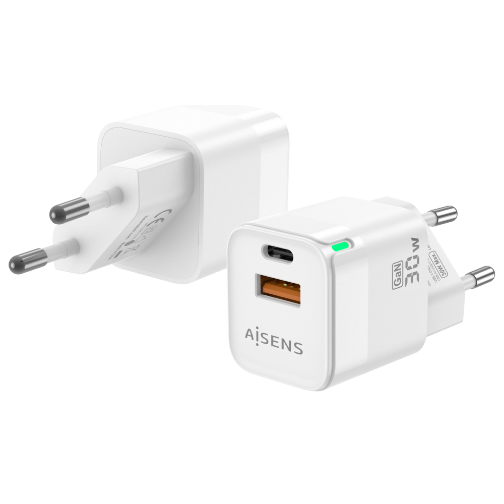 CARGADOR GAN AISENS 30W 1XUSB-C PD3.0 QC4.0 1XUSB-A QC3.0 BLANCO
