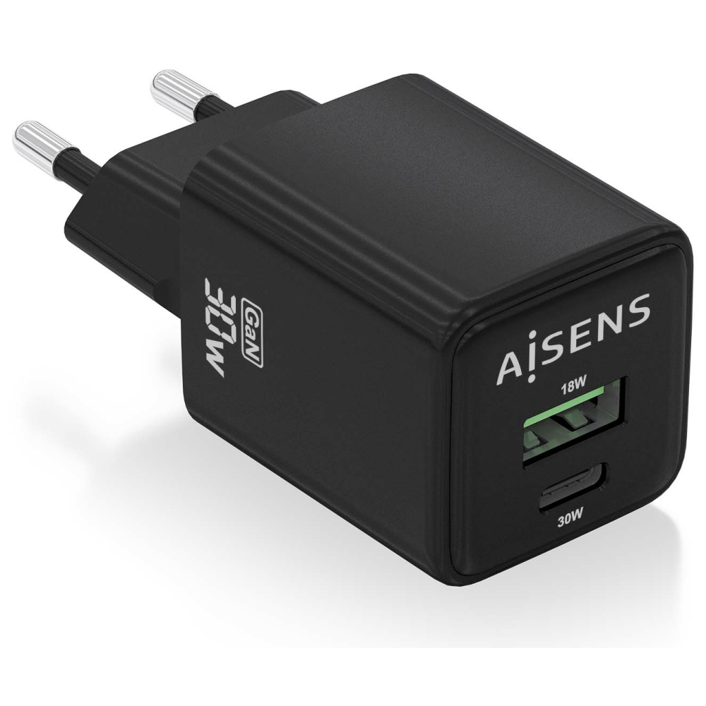 CARGADOR AISENS GAN 30W 1XUSB-C PD3.0 QC4.0 1XUSB-A QC3.0 NEGRO