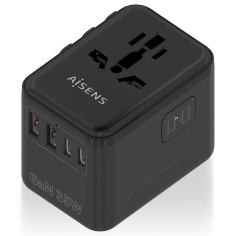 ADAPTADOR AISENS ENCHUFE UNIVERSAL VIAJE CARGADOR USB GAN 35W NEGRO