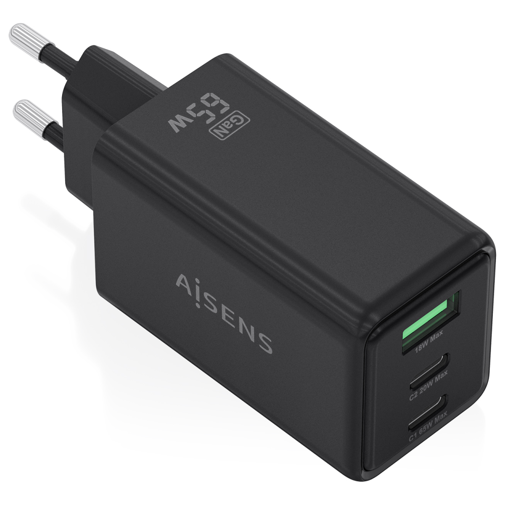 CARGADOR AISENS GAN 65W 2XUSB-C PD3.0 QC4.0 1XUSB-A QC3.0 NEGRO