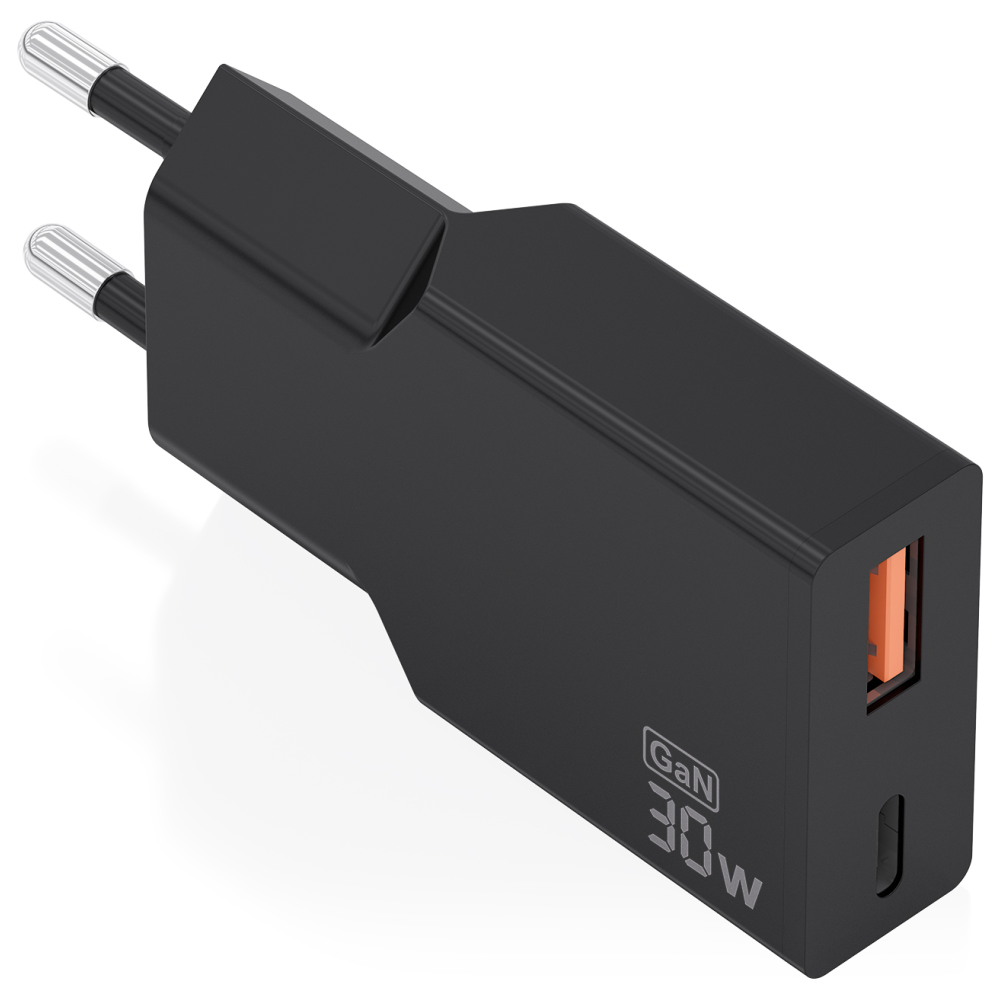 CARGADOR AISENS ULTRA DELGADO GaN 30W 1xUSB-C PD3.0 QC4.0 1xUSB-A QC3.0 NEGRO