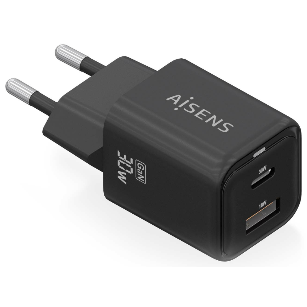 CARGADOR AISENS GAN 30W 1XUSB-C PD3.0 QC4.0 1XUSB-A QC3.0 NEGRO