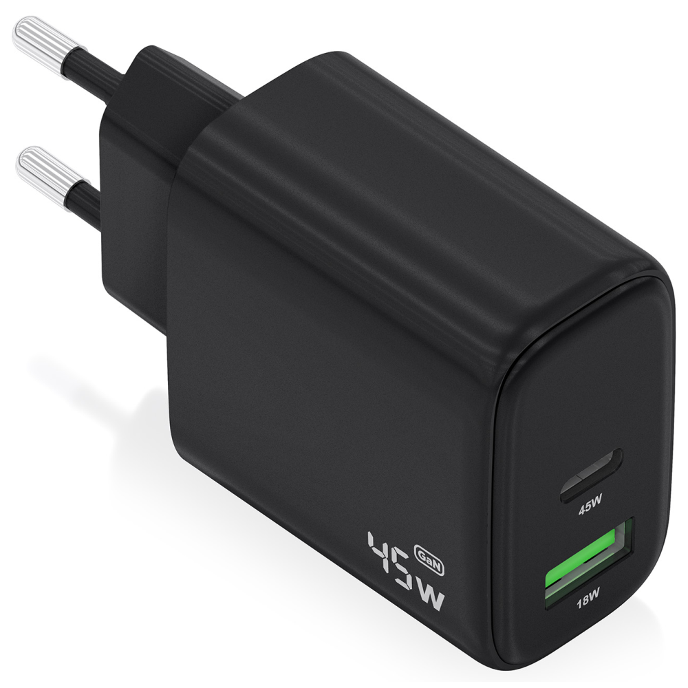 CARGADOR AISENS GAN 45W 1XUSB-C PD3.0 QC4.0 1XUSB-A QC3.0 NEGRO