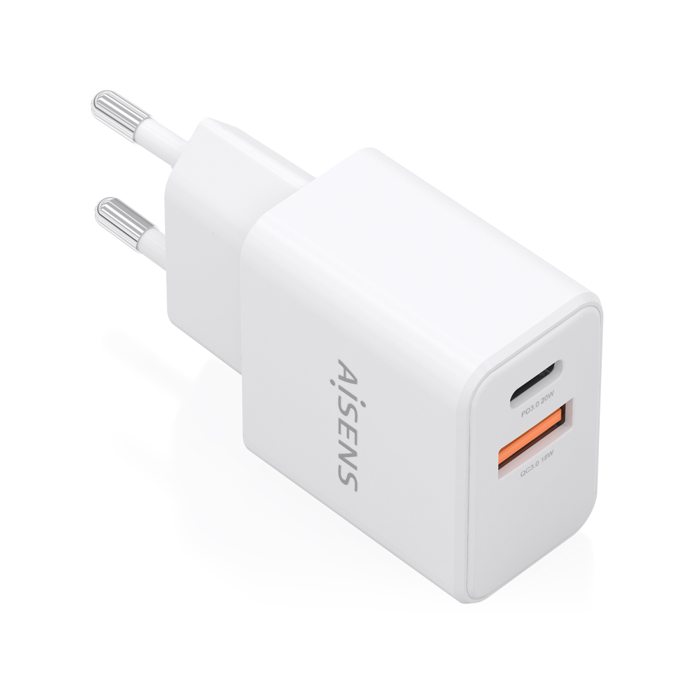 CARGADOR AISENS GaN 20W 1xUSB-C PD3.0 1xUSB-A QC3.0 BLANCO