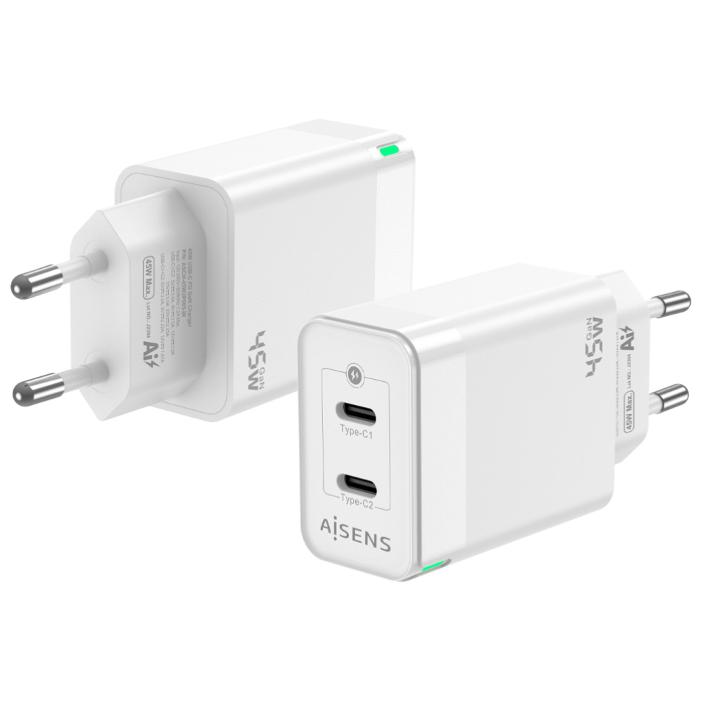 CARGADOR GAN AISENS 45W 2XUSB-C PD3.0 QC4.0 BLANCO