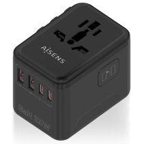 ADAPTADOR AISENS ENCHUFE UNIVERSAL VIAJE CARGADOR USB GAN 25W NEGRO