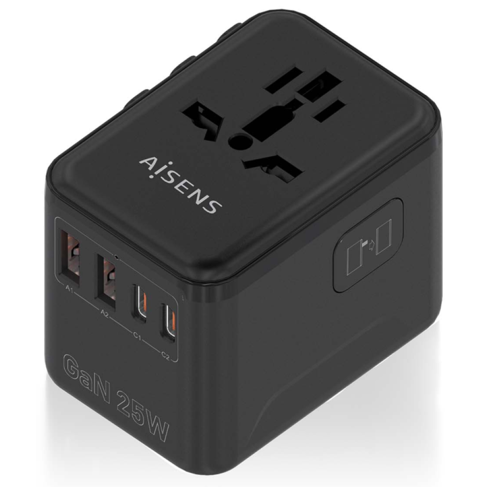 ADAPTADOR AISENS ENCHUFE UNIVERSAL VIAJE CARGADOR USB GAN 25W NEGRO